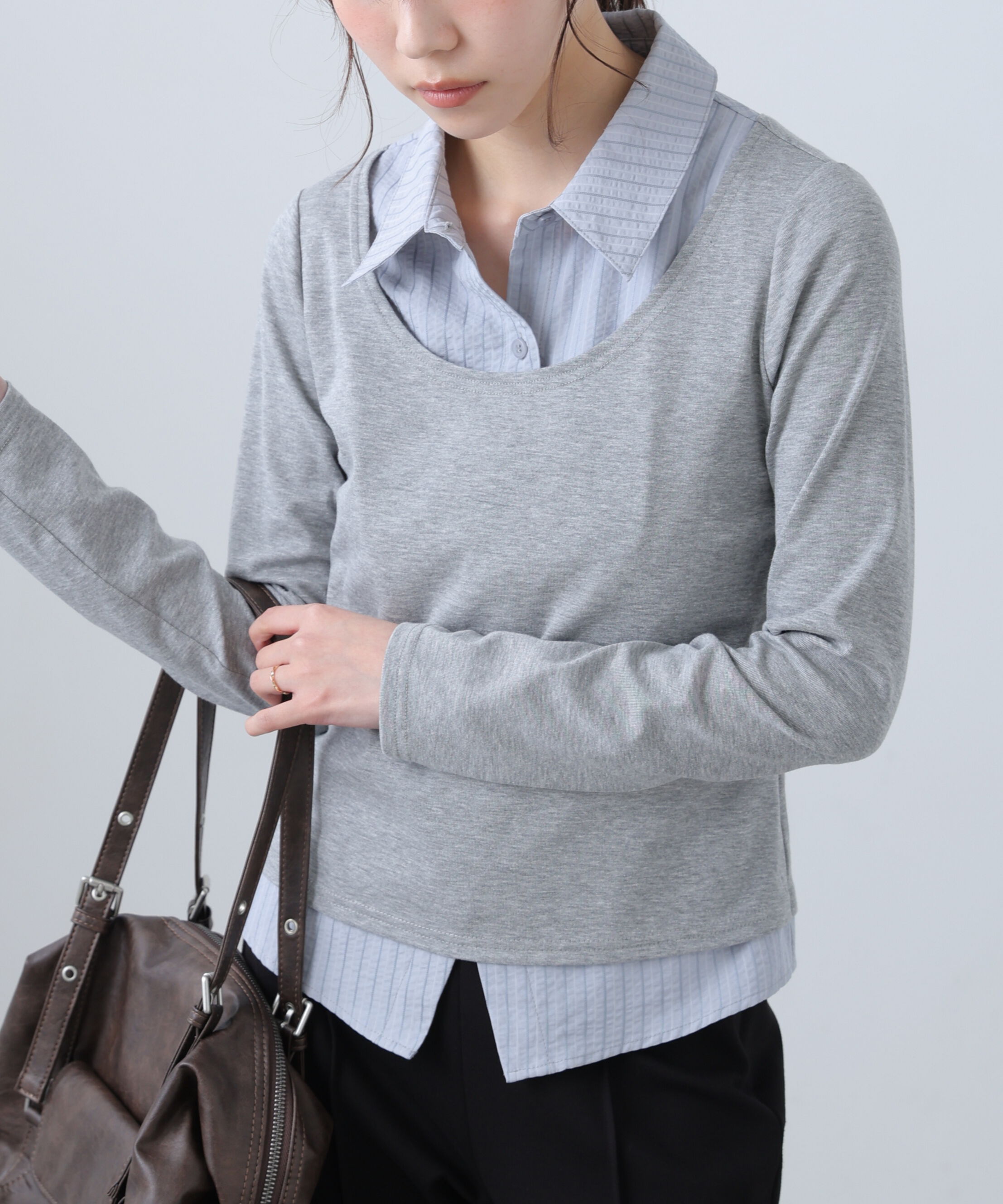  「シャツフェイクレイヤード深Uネックカットソー」|Tシャツ・カットソー|