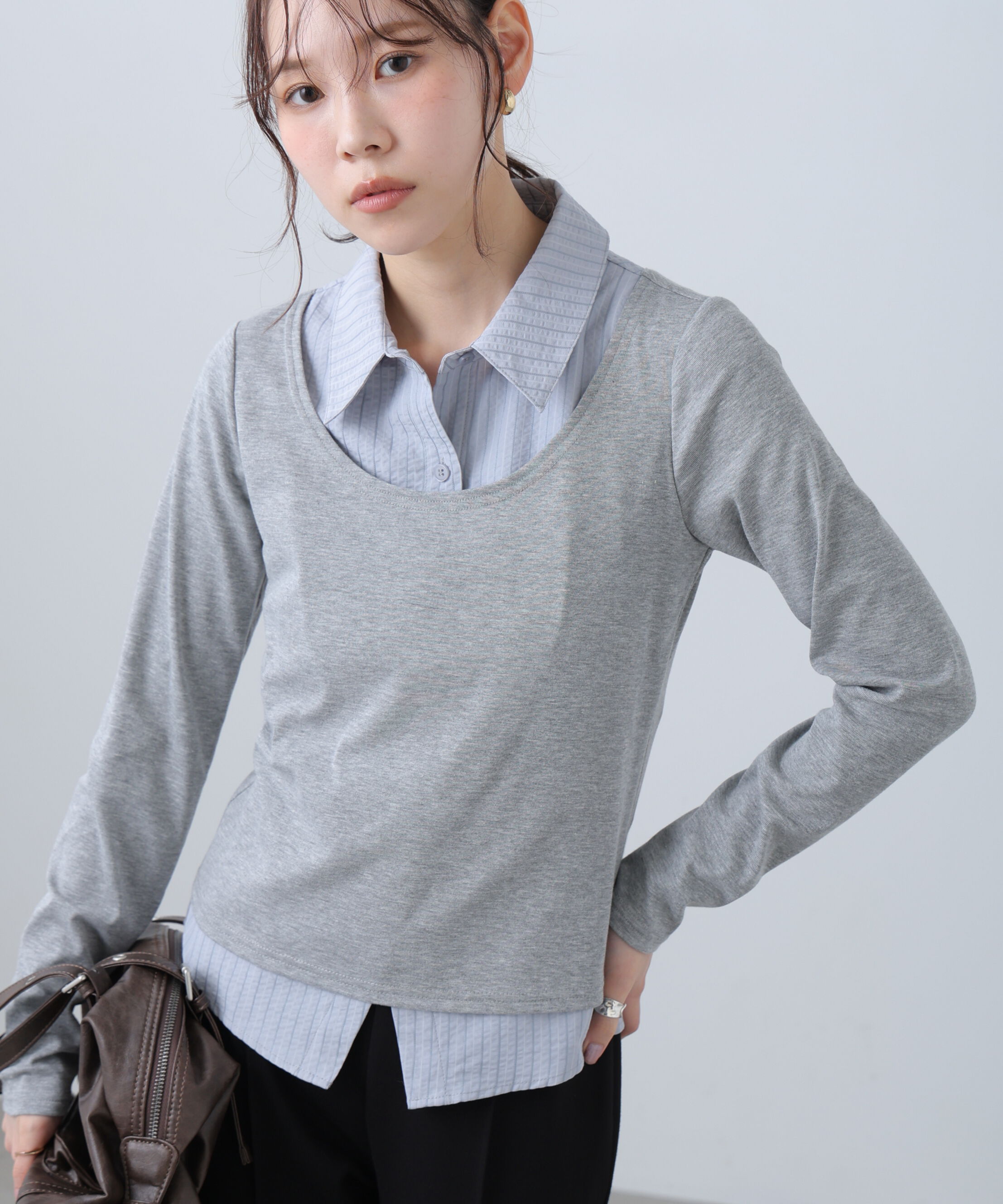  「シャツフェイクレイヤード深Uネックカットソー」|Tシャツ・カットソー|