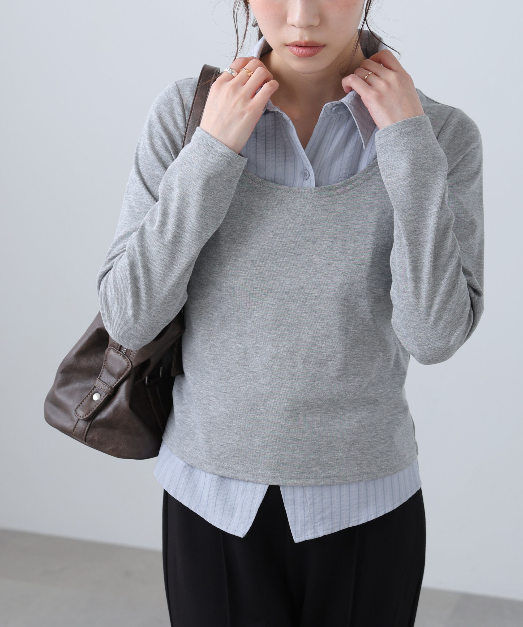  「シャツフェイクレイヤード深Uネックカットソー」|Tシャツ・カットソー|