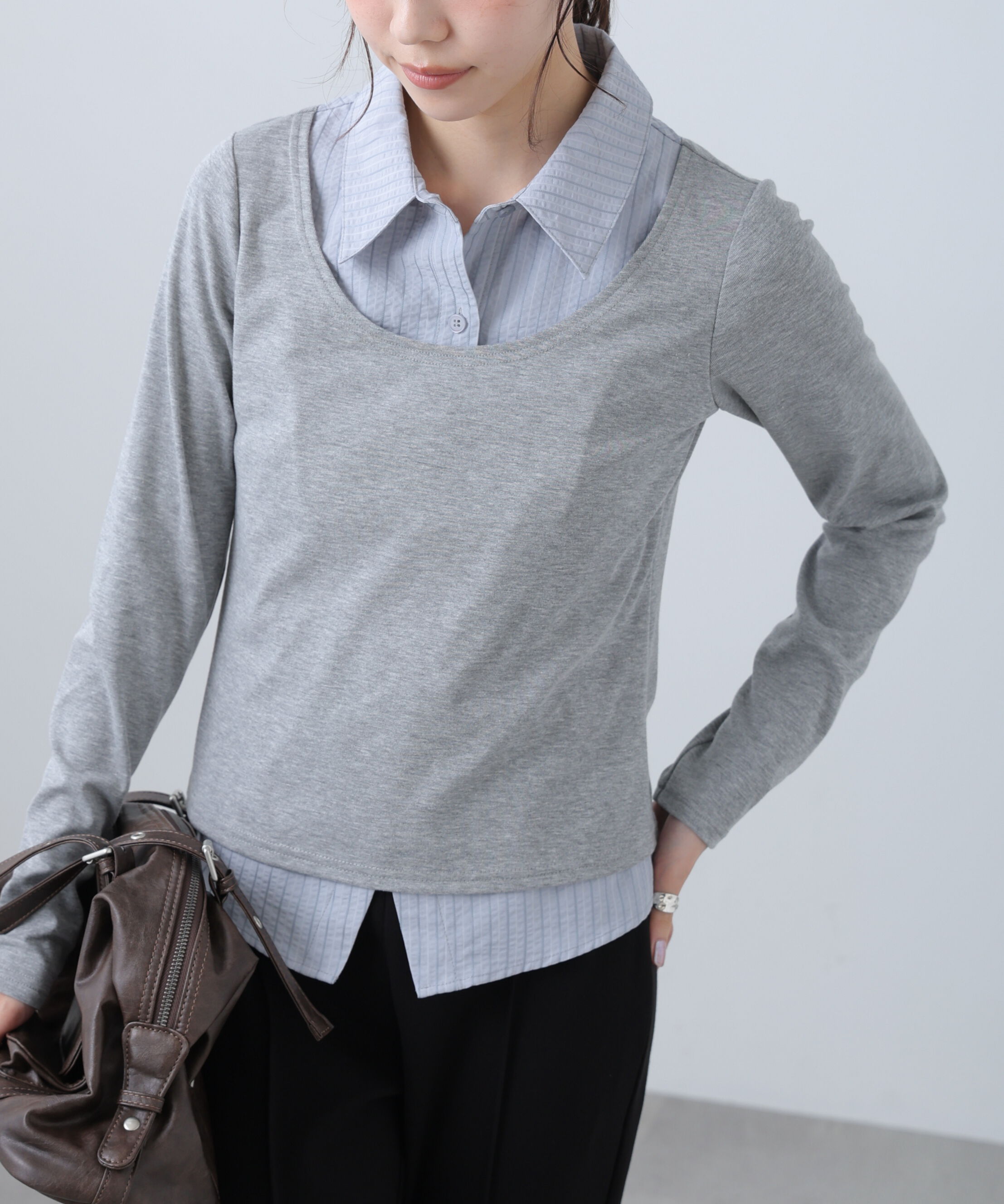  「シャツフェイクレイヤード深Uネックカットソー」|Tシャツ・カットソー|