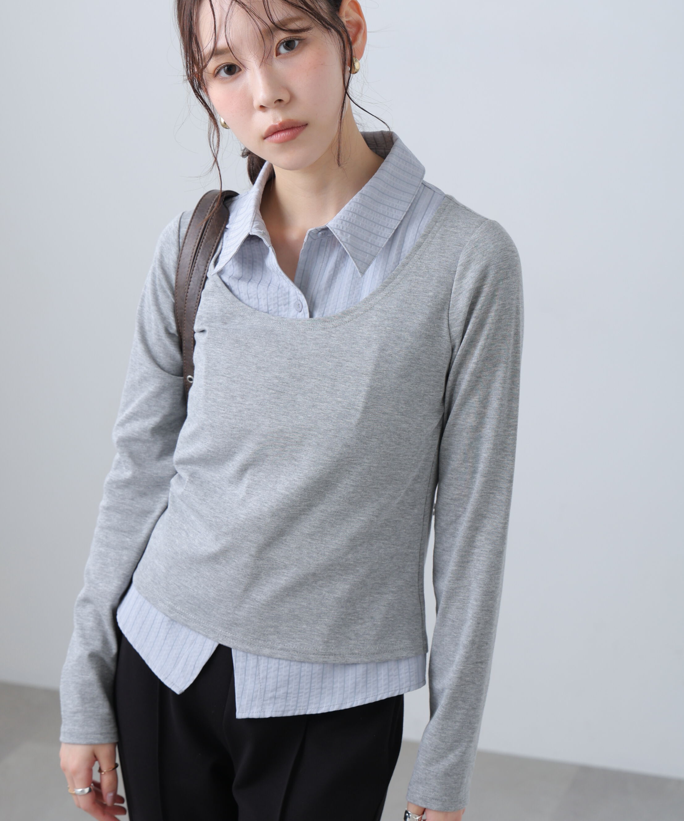  「シャツフェイクレイヤード深Uネックカットソー」|Tシャツ・カットソー|