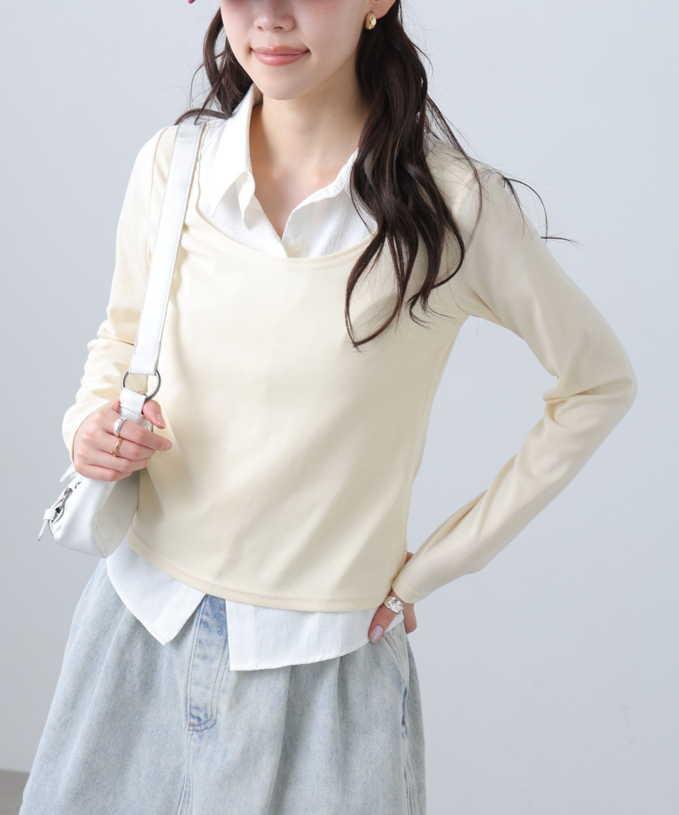  「シャツフェイクレイヤード深Uネックカットソー」|Tシャツ・カットソー|