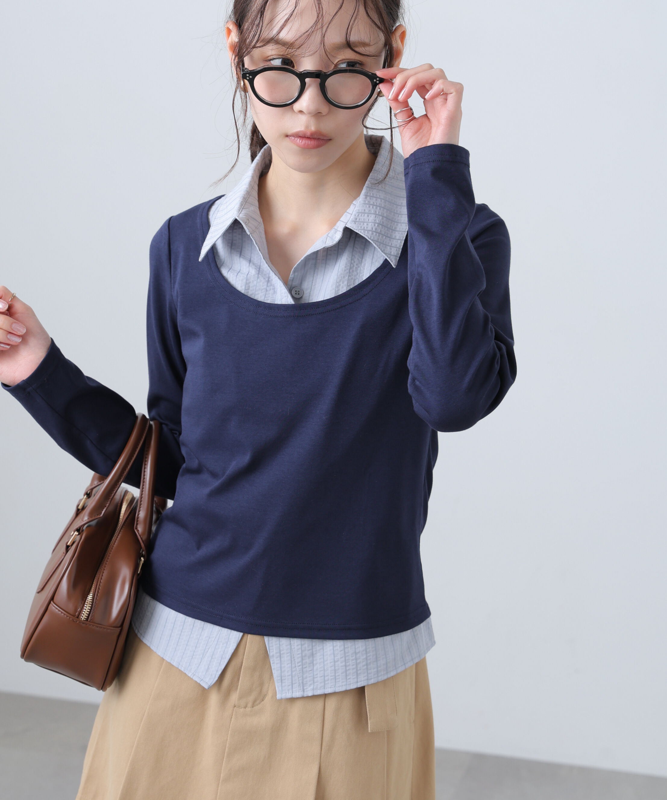  「シャツフェイクレイヤード深Uネックカットソー」|Tシャツ・カットソー|ネイビー