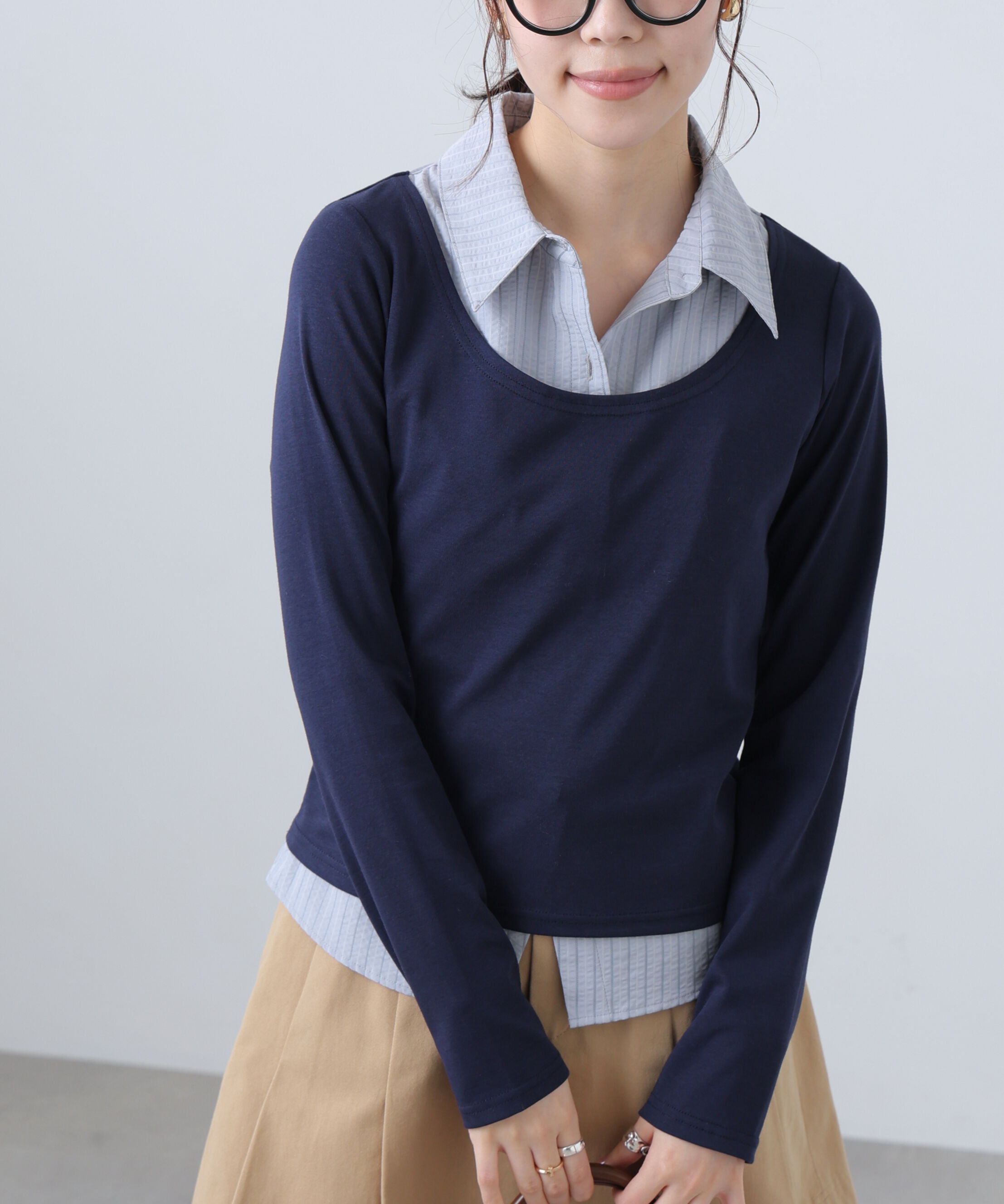  「シャツフェイクレイヤード深Uネックカットソー」|Tシャツ・カットソー|