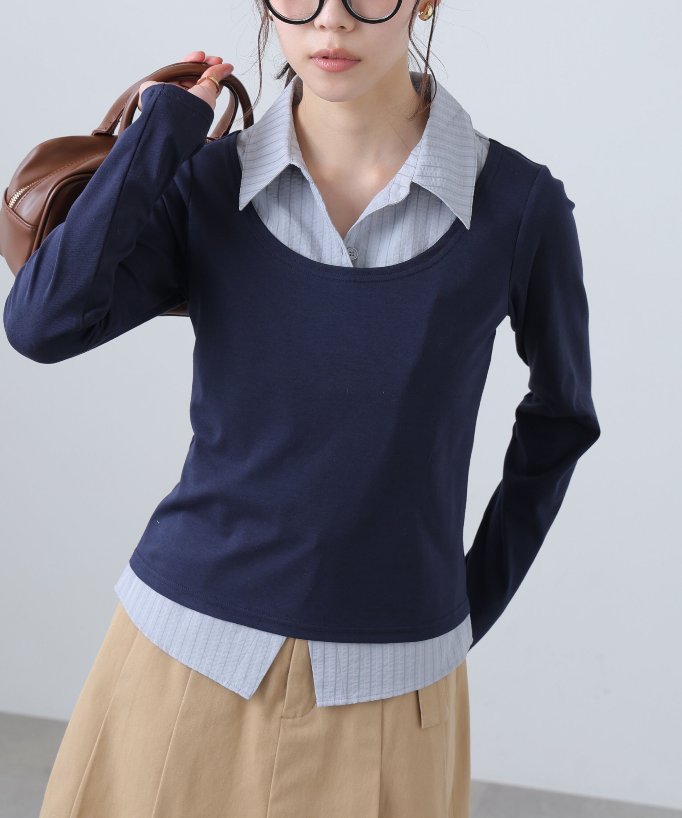  「シャツフェイクレイヤード深Uネックカットソー」|Tシャツ・カットソー|