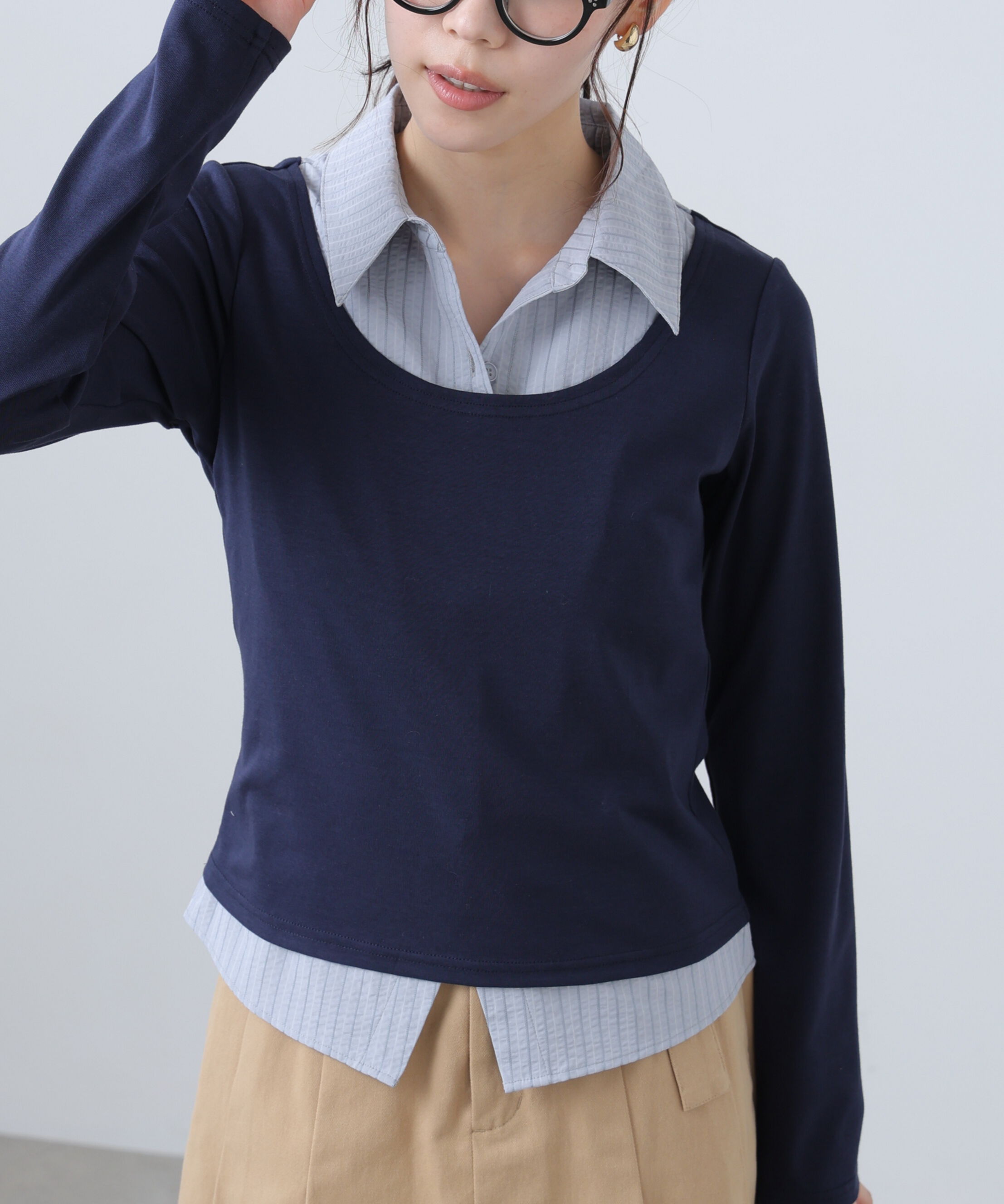  「シャツフェイクレイヤード深Uネックカットソー」|Tシャツ・カットソー|