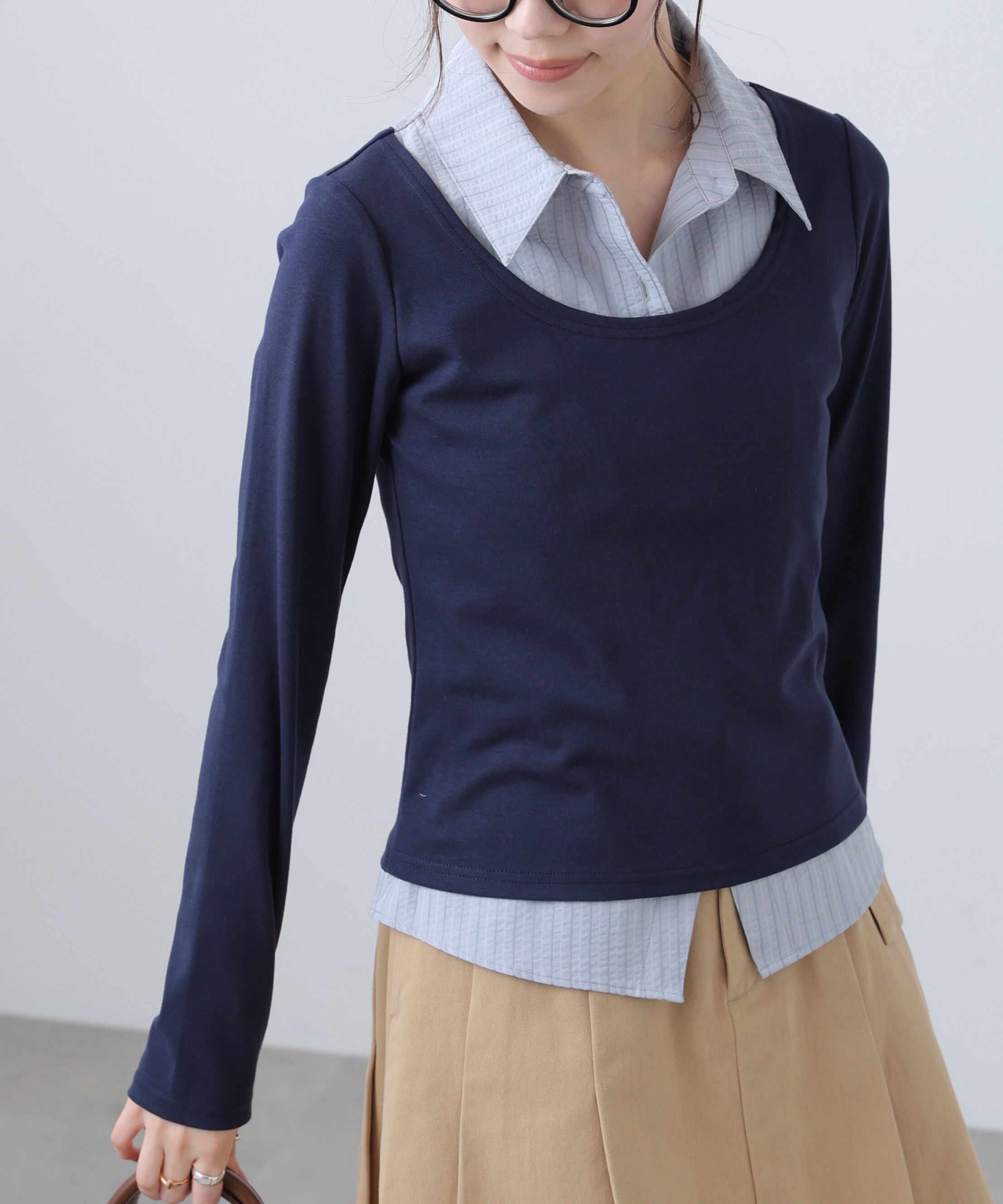  「シャツフェイクレイヤード深Uネックカットソー」|Tシャツ・カットソー|