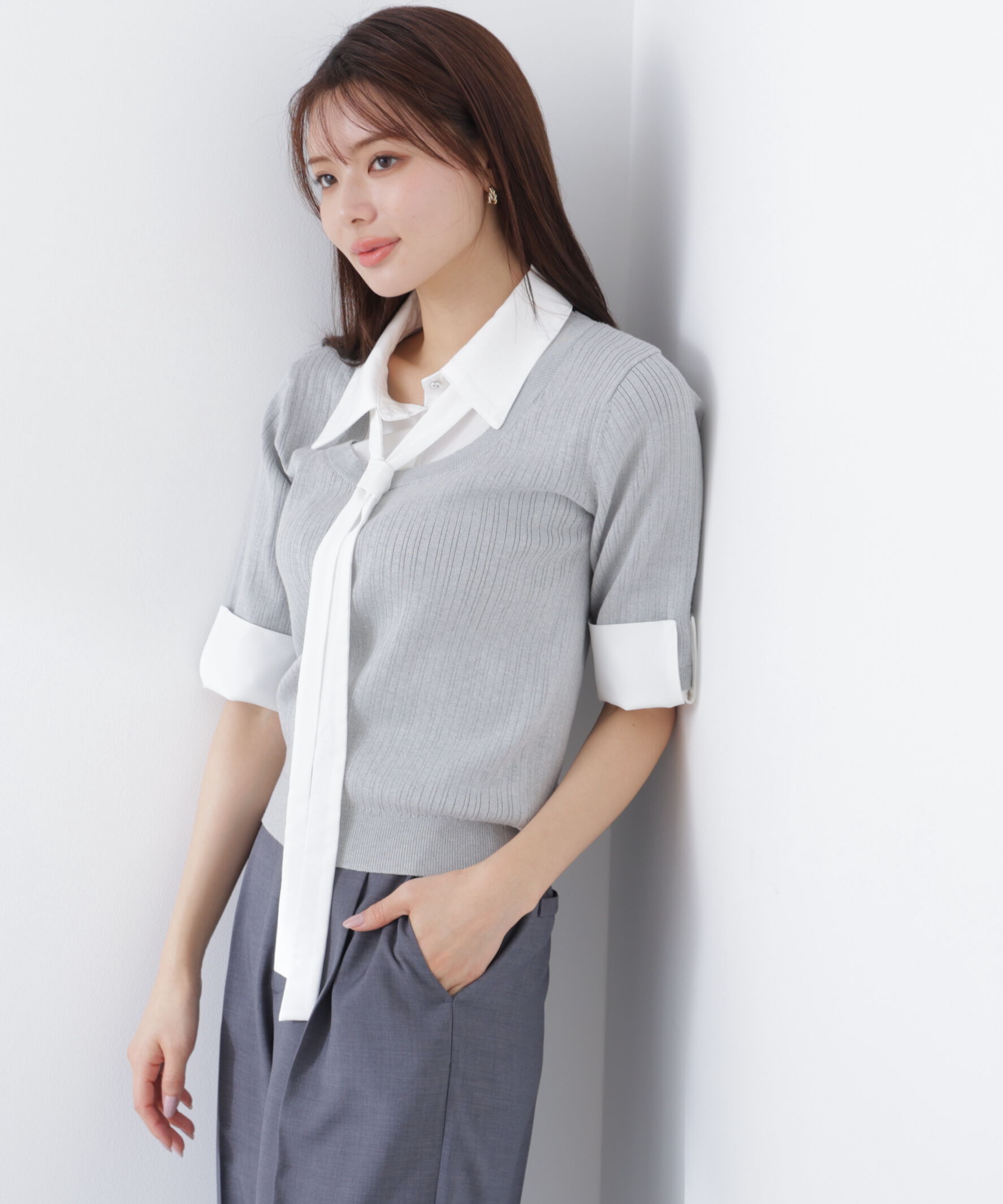 PROPORTION BODY DRESSING「《EDIT COLOGNE》リボンシャツドッキングニット　26SS」|ニット・セーター|