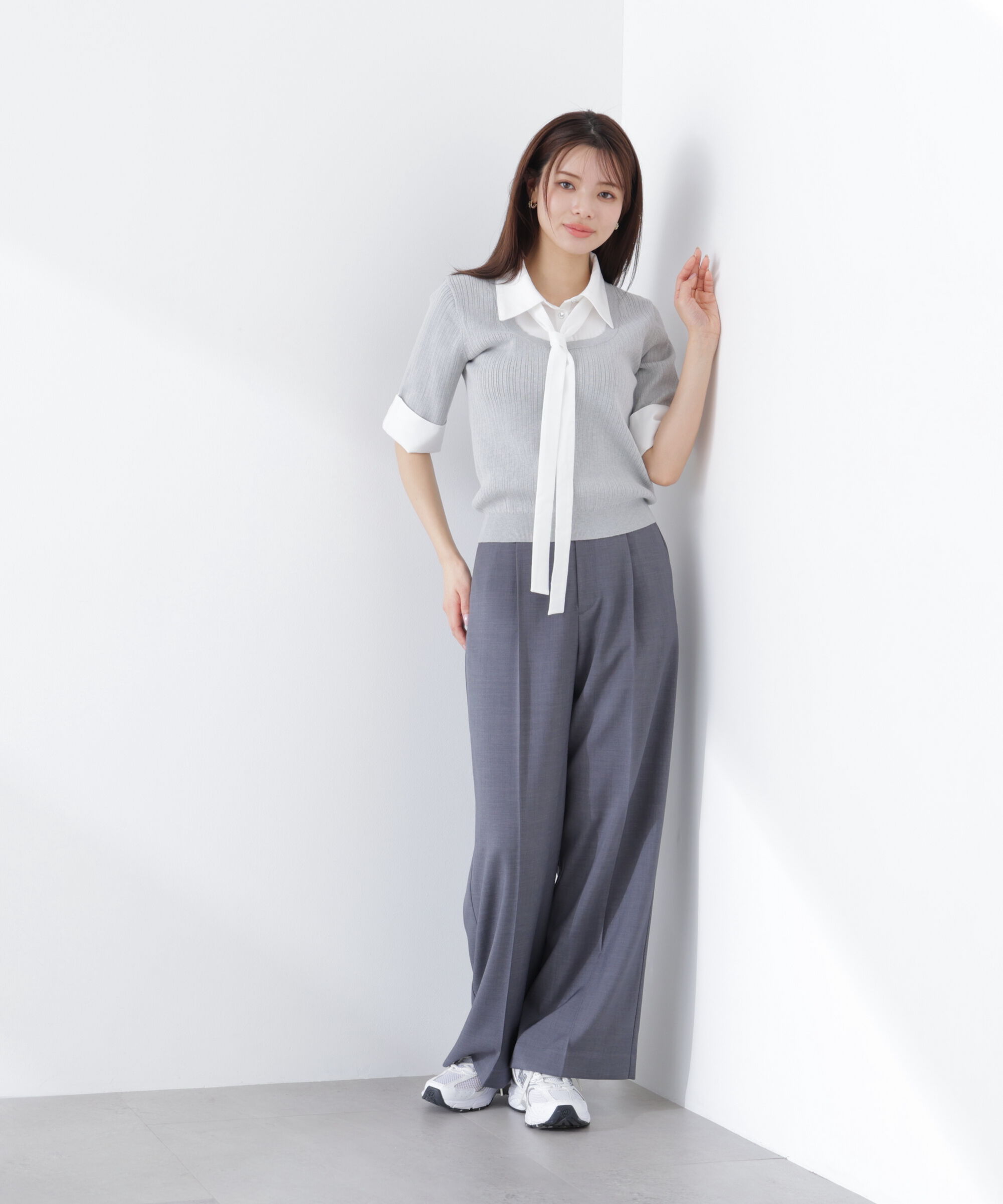 PROPORTION BODY DRESSING「《EDIT COLOGNE》リボンシャツドッキングニット　26SS」|ニット・セーター|