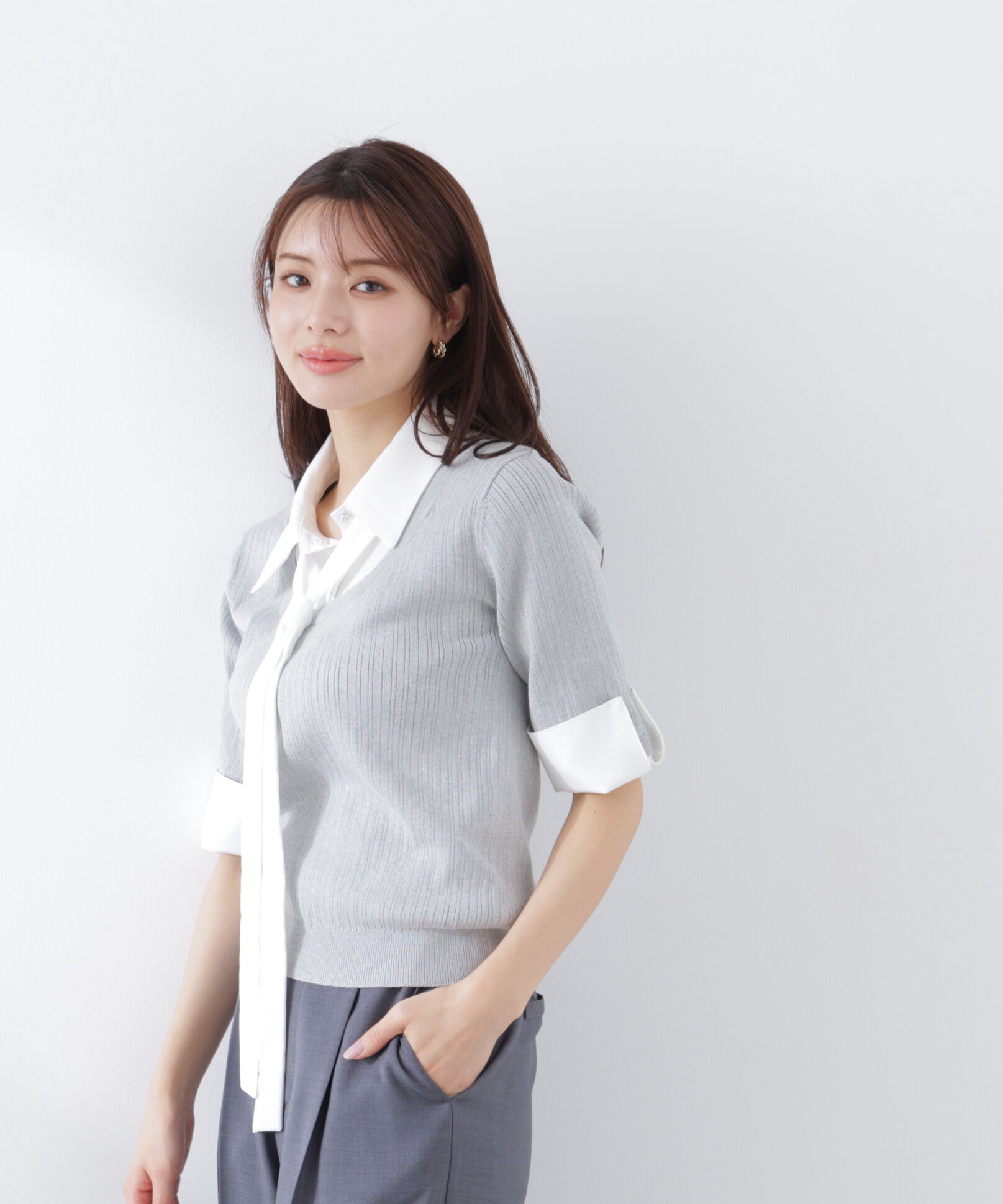 PROPORTION BODY DRESSING「《EDIT COLOGNE》リボンシャツドッキングニット　26SS」|ニット・セーター|