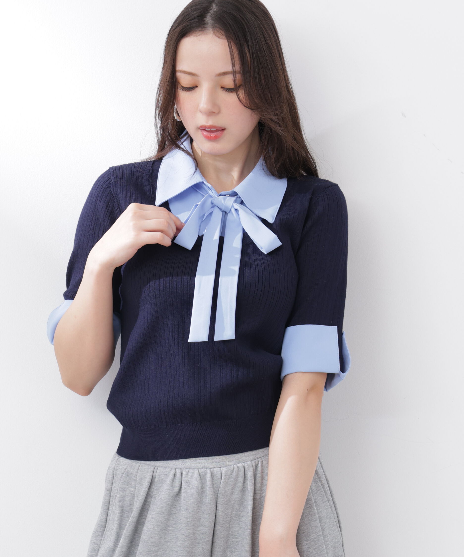 PROPORTION BODY DRESSING「《EDIT COLOGNE》リボンシャツドッキングニット　26SS」|ニット・セーター|ネイビー&times;ライ