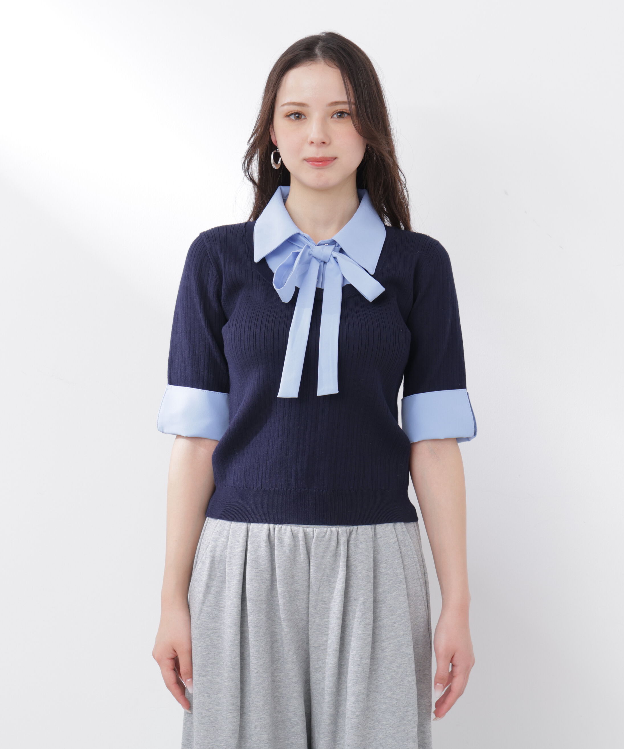 PROPORTION BODY DRESSING「《EDIT COLOGNE》リボンシャツドッキングニット　26SS」|ニット・セーター|