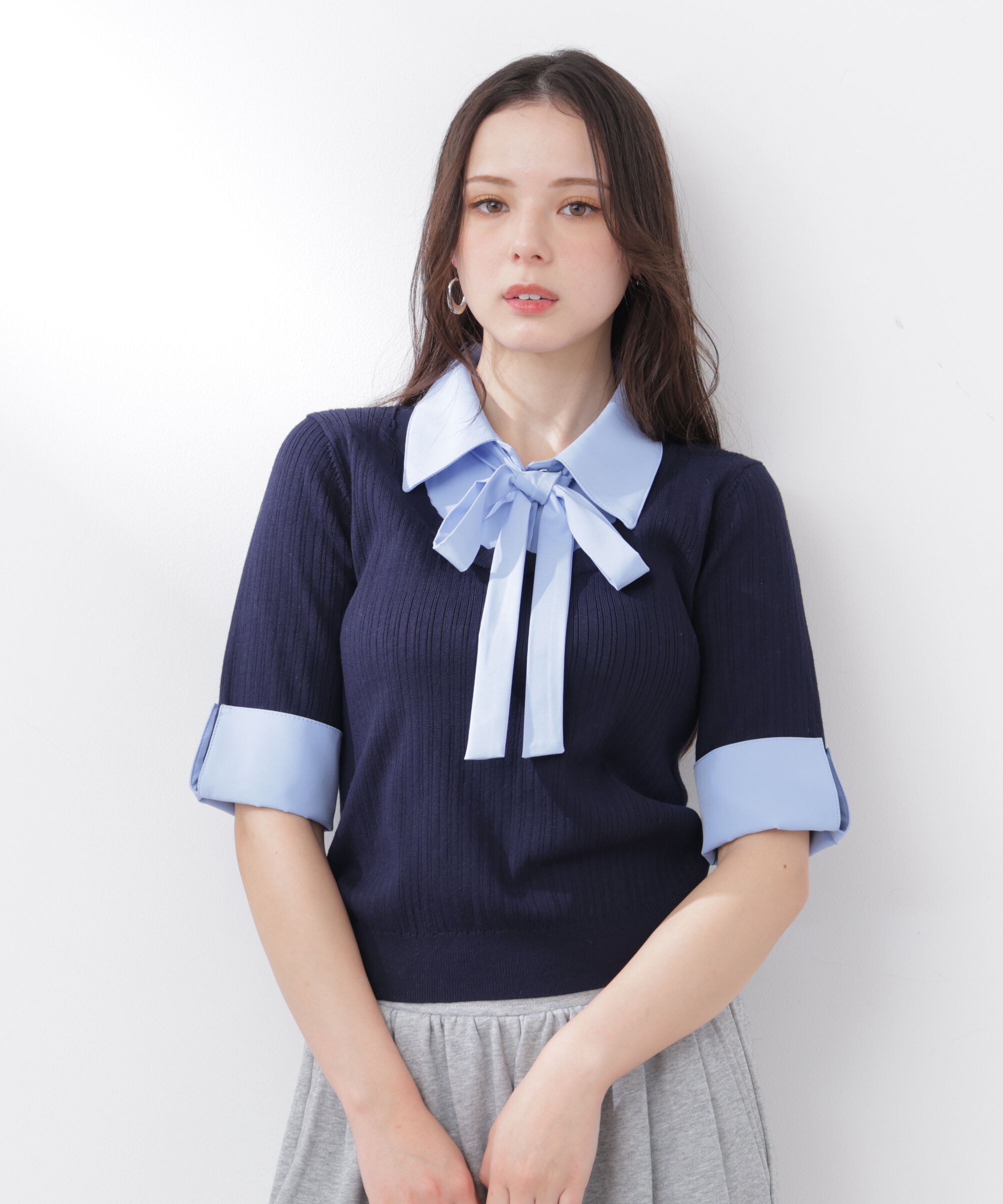 PROPORTION BODY DRESSING「《EDIT COLOGNE》リボンシャツドッキングニット　26SS」|ニット・セーター|