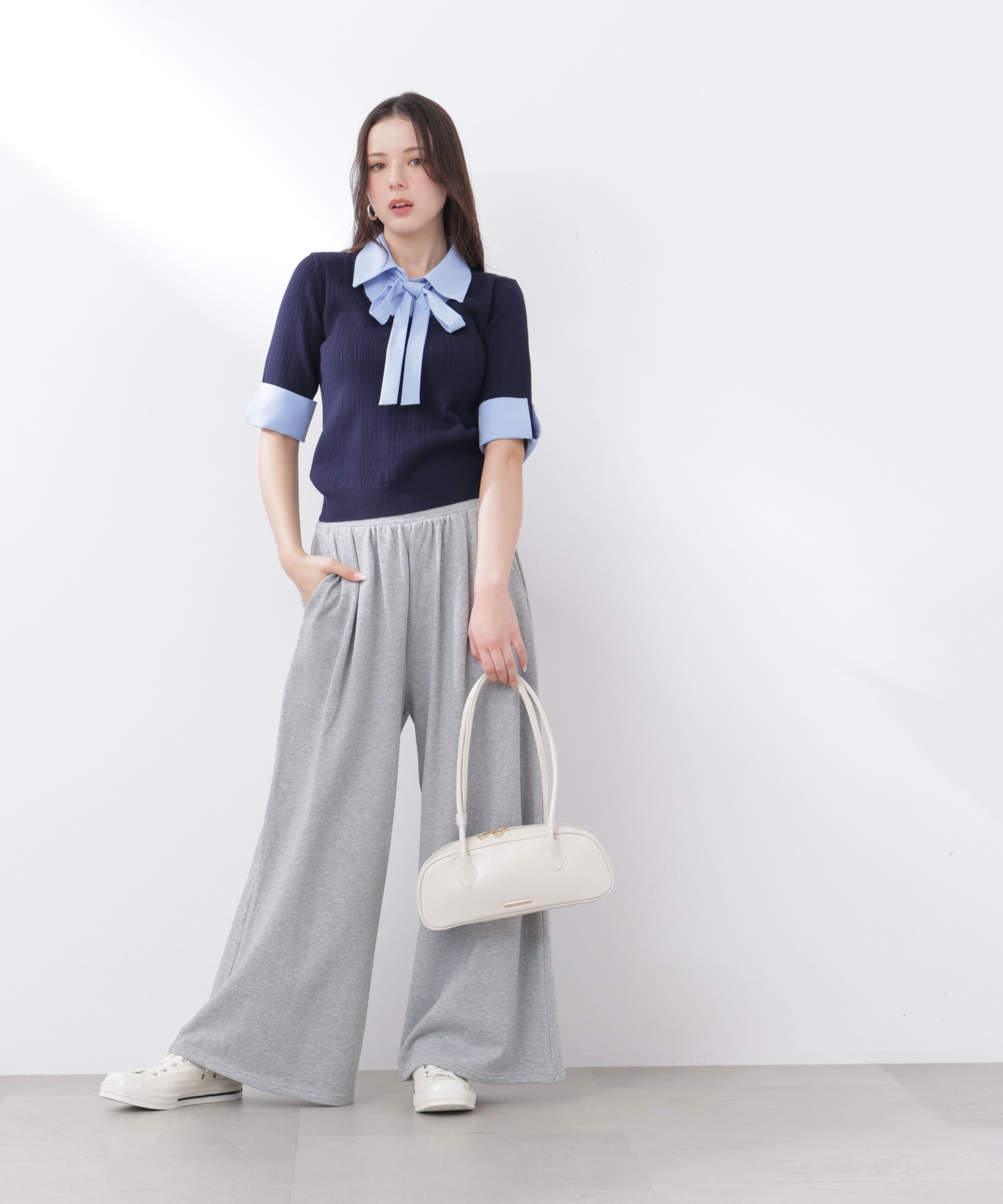 PROPORTION BODY DRESSING「《EDIT COLOGNE》リボンシャツドッキングニット　26SS」|ニット・セーター|