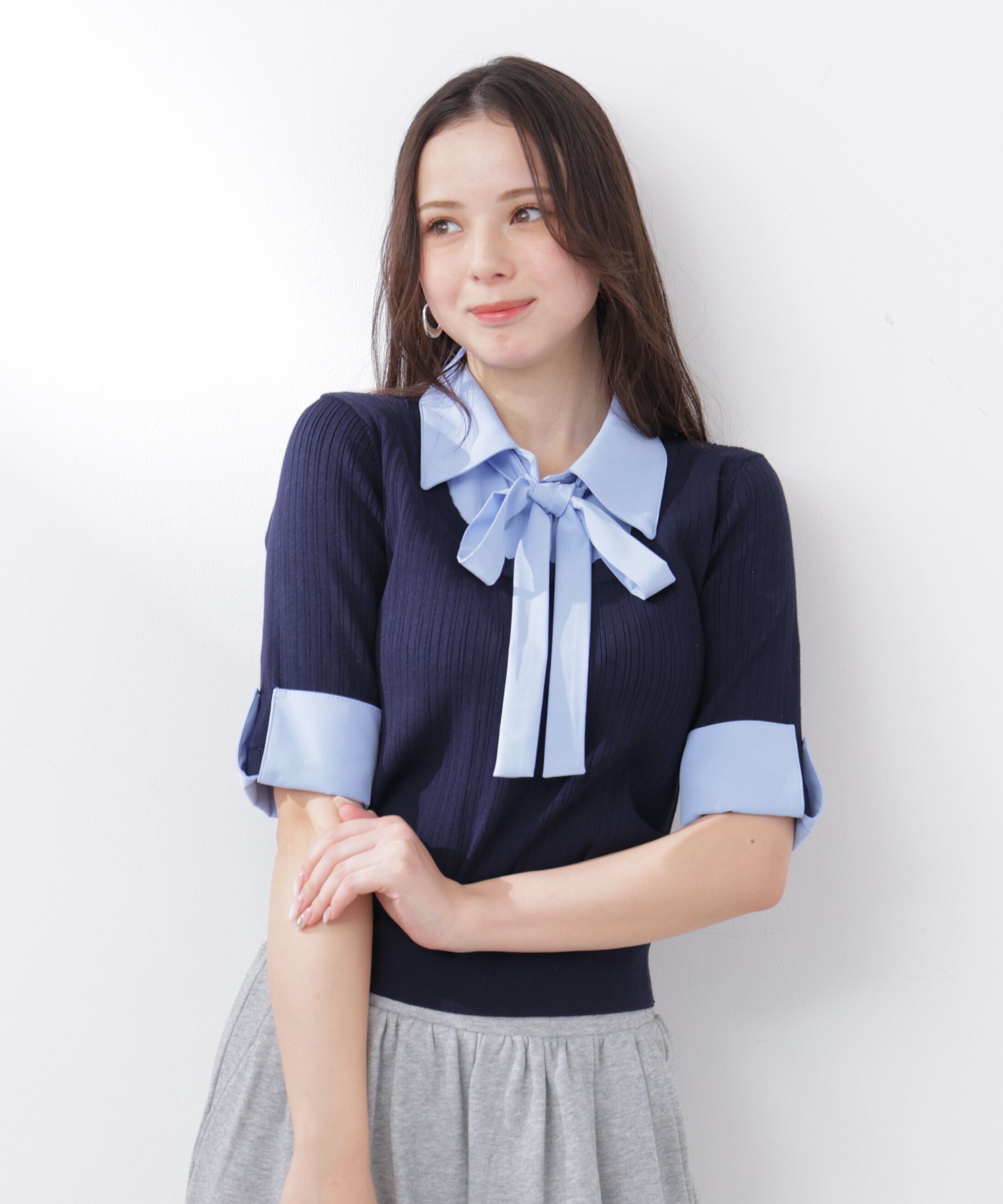 PROPORTION BODY DRESSING「《EDIT COLOGNE》リボンシャツドッキングニット　26SS」|ニット・セーター|