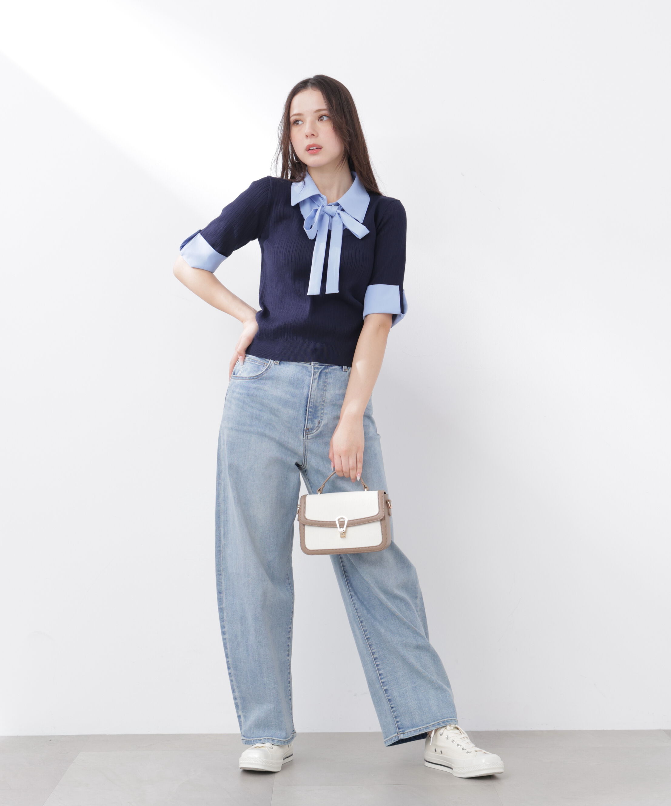 PROPORTION BODY DRESSING「《EDIT COLOGNE》リボンシャツドッキングニット　26SS」|ニット・セーター|