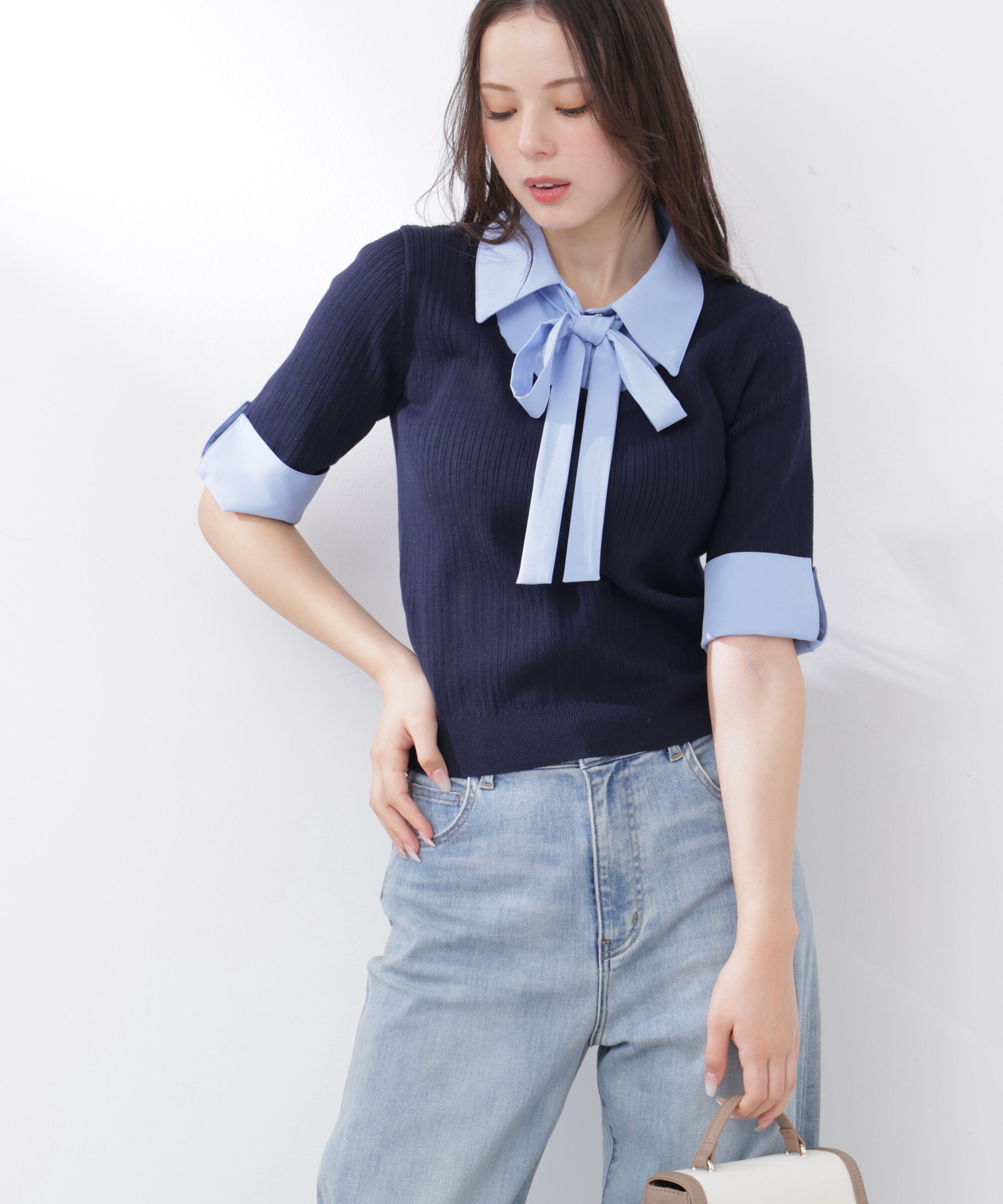 PROPORTION BODY DRESSING「《EDIT COLOGNE》リボンシャツドッキングニット　26SS」|ニット・セーター|