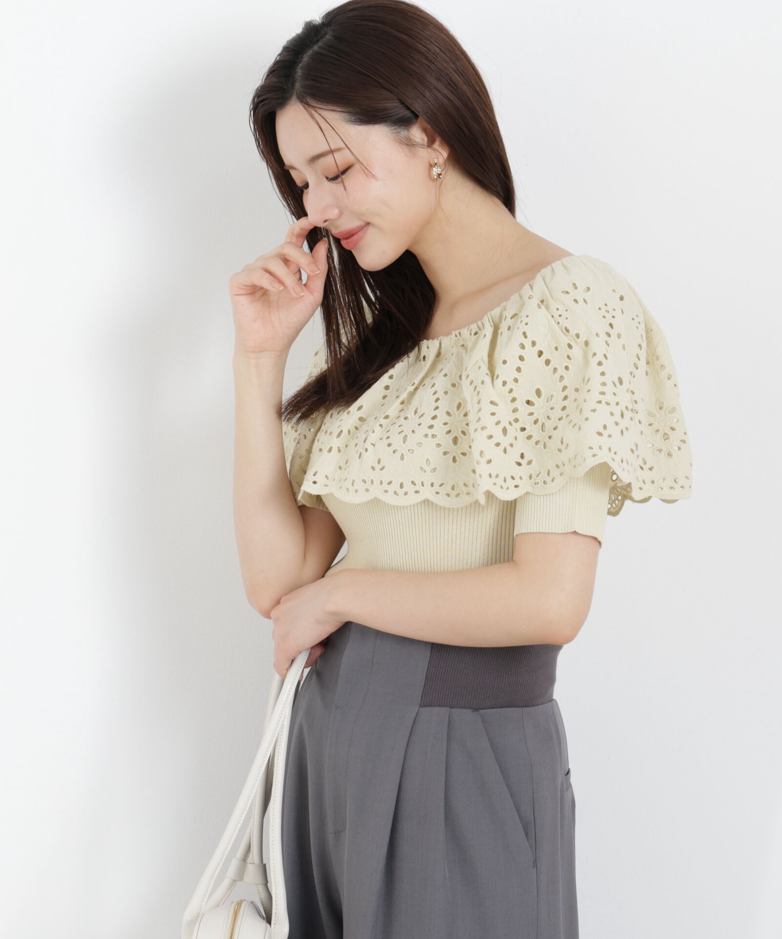 PROPORTION BODY DRESSING「スカラップレースオフショルニット　26SS」|ニット・セーター|