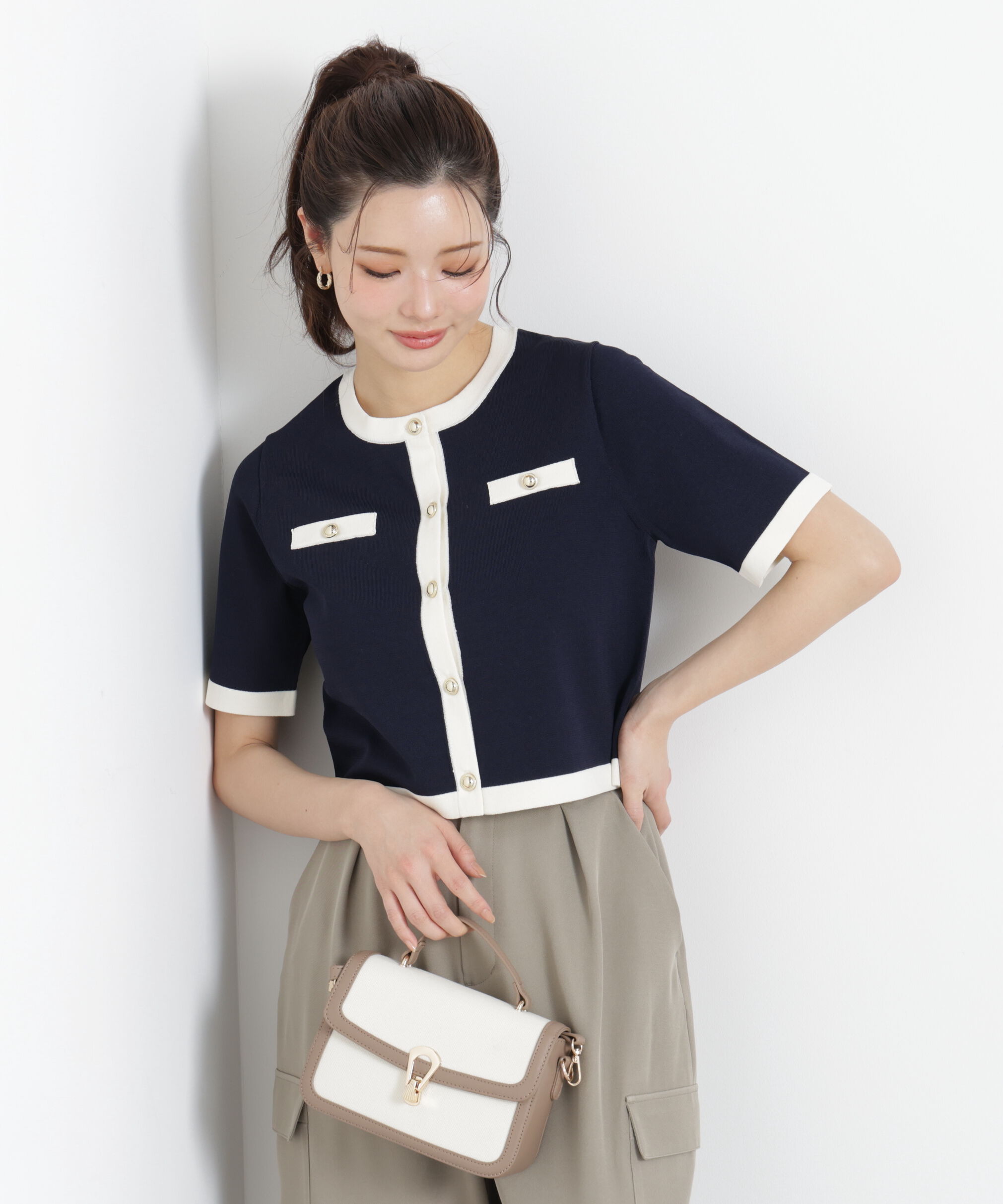 PROPORTION BODY DRESSING「ハーフスリーブバイカラーニットカーディガン　26SS」|カーディガン|