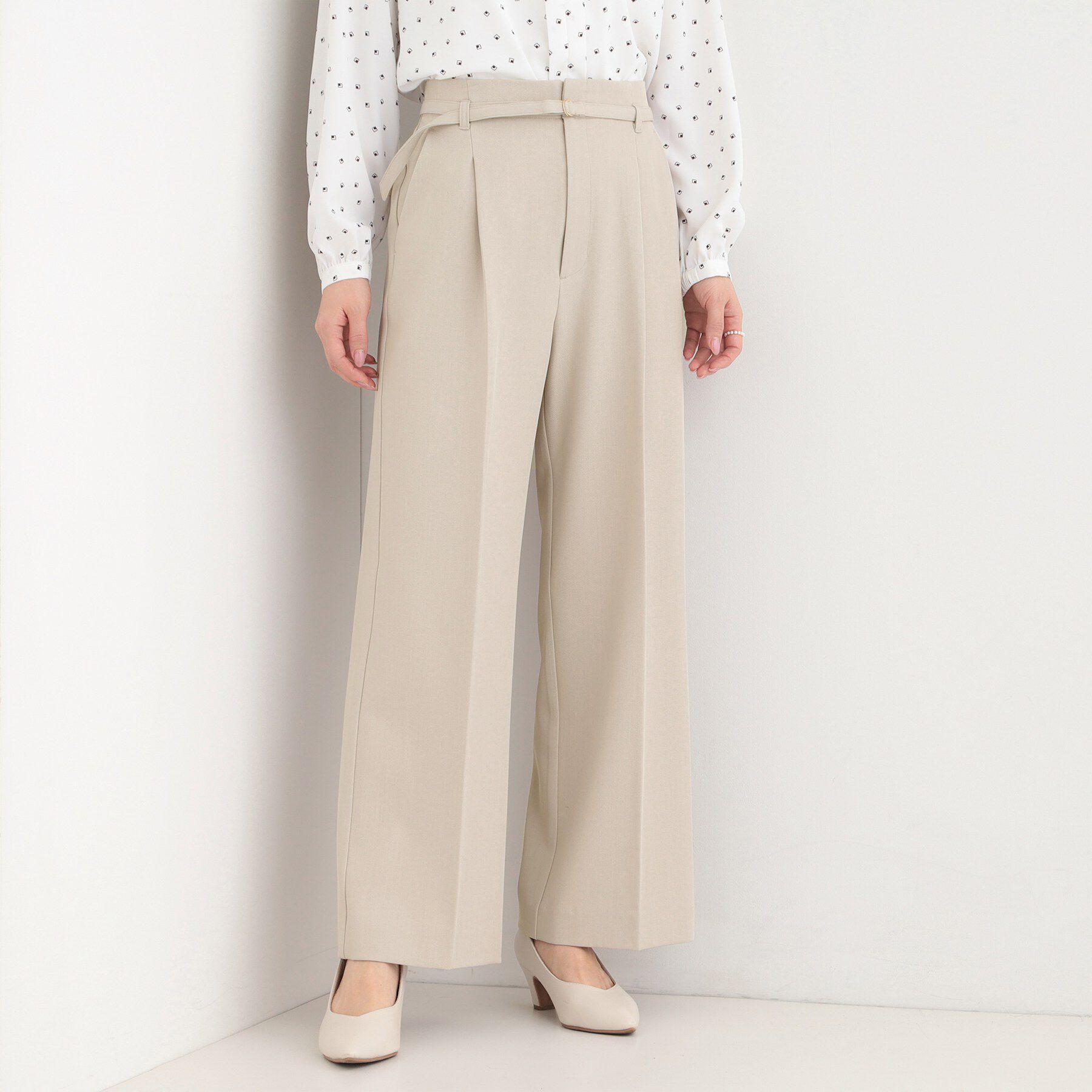 SHOO･LA･RUE「【セットアップ可/洗濯機可/SS-LL】センタープレスできちんと見え ベルト付きワイドパンツ」|その他|グレージュ(050)