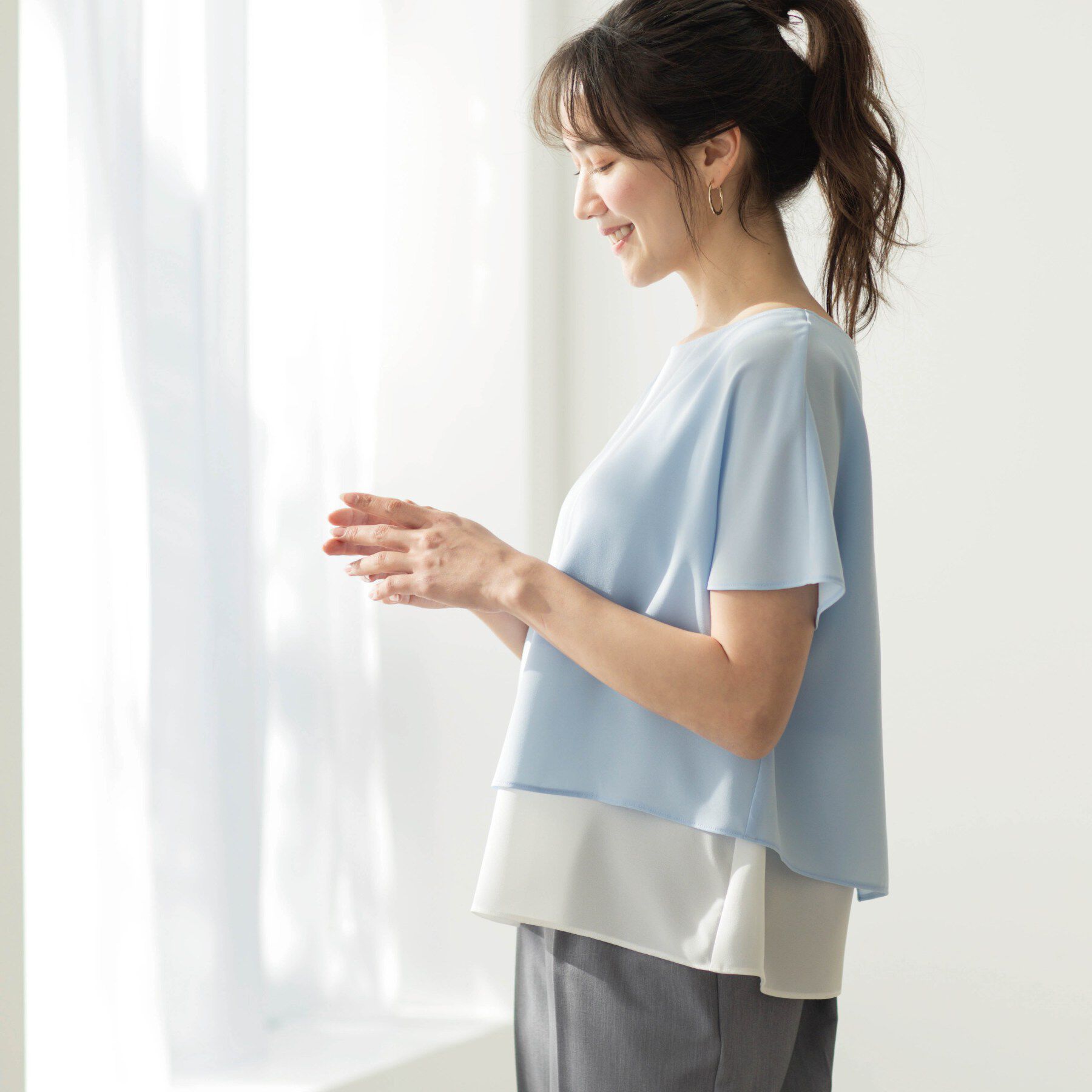 SHOO･LA･RUE「【洗濯機可/体型カバー】1枚でサマ見え バイカラーレイヤードブラウス」|シャツ・ブラウス|