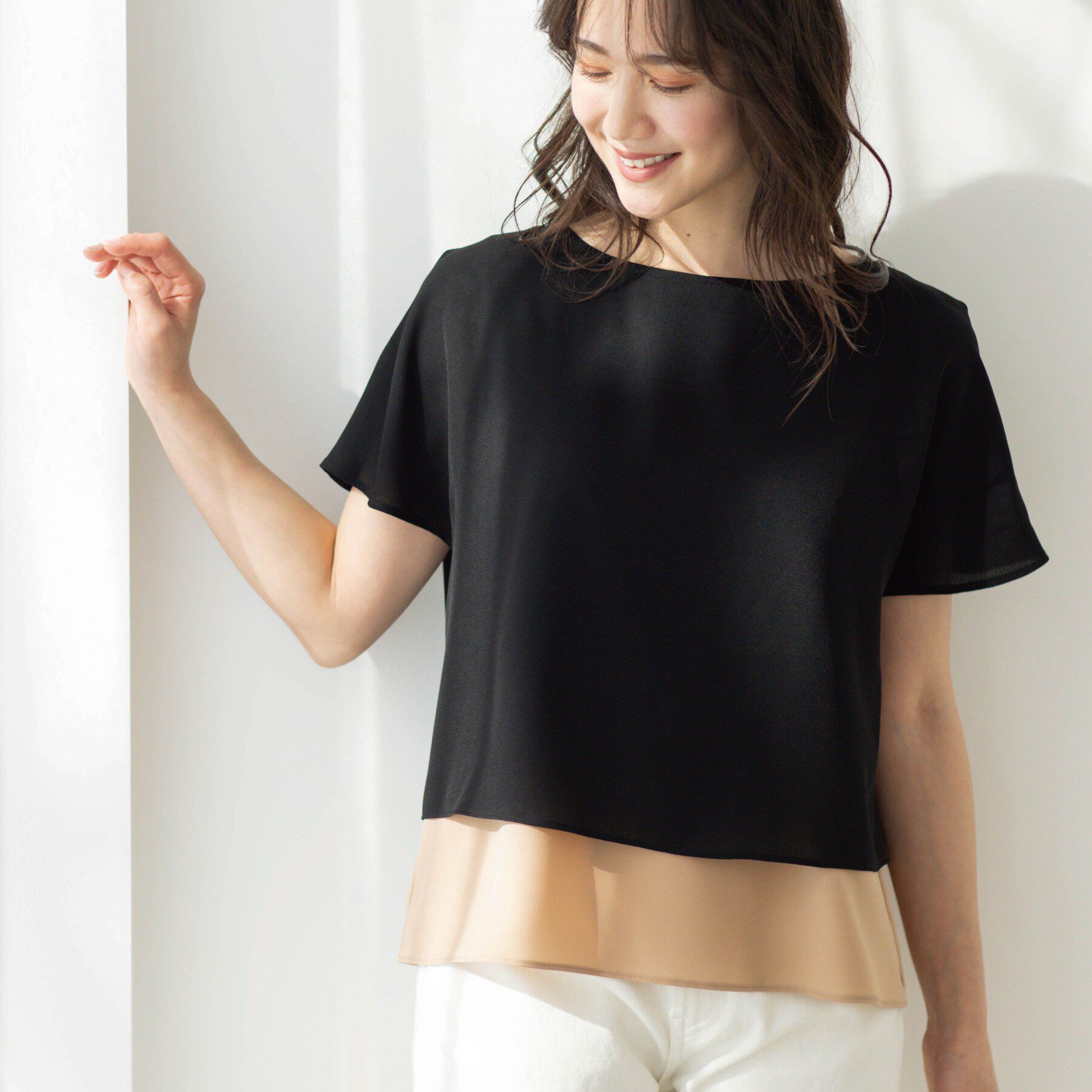 SHOO･LA･RUE「【洗濯機可/体型カバー】1枚でサマ見え バイカラーレイヤードブラウス」|シャツ・ブラウス|ブラック(519)