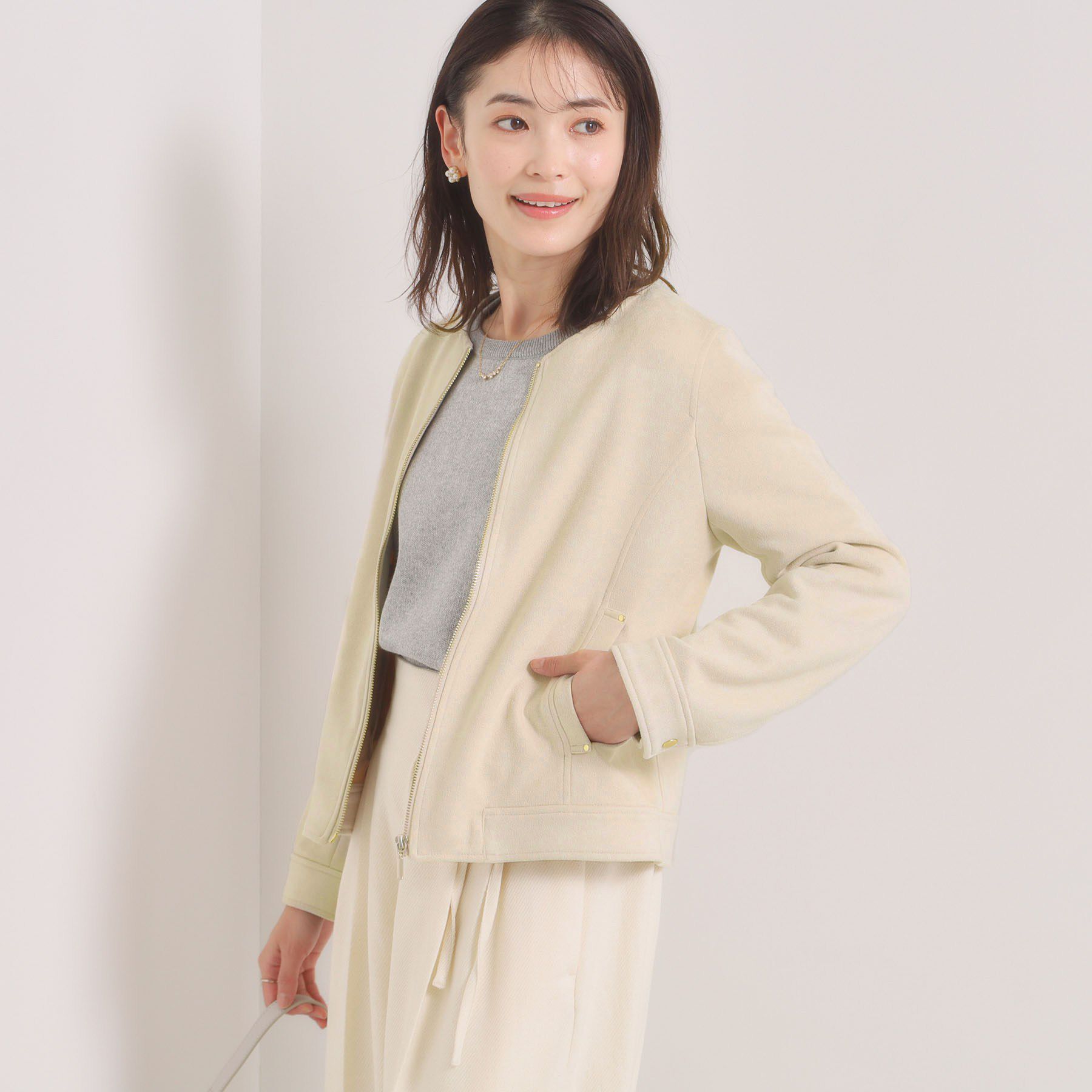 ITS&rsquo;DEMO「カットスエードジャケット」|ノーカラージャケット|アイボリー(004)