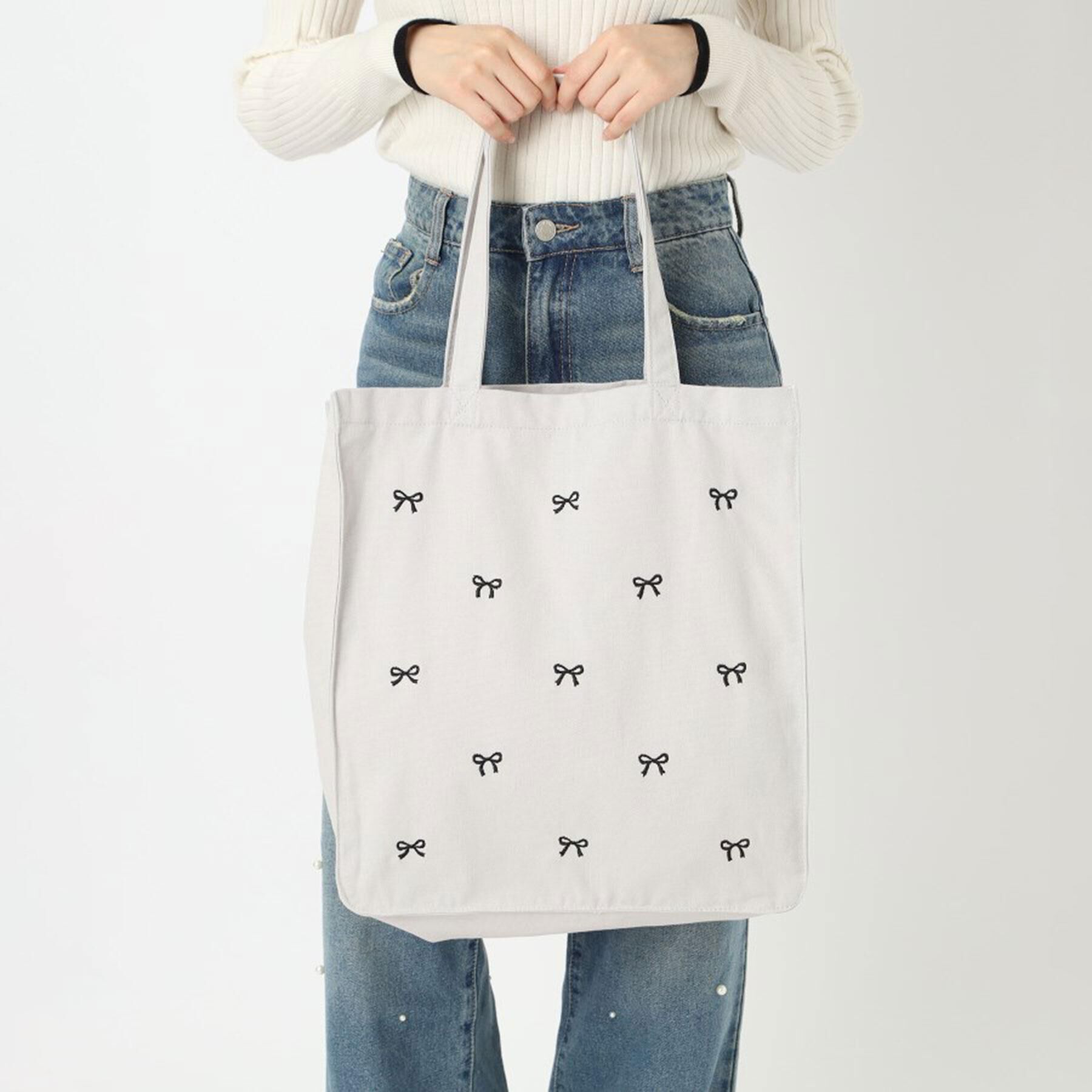 Ober Tashe「【新生活・新学期】リボン刺繍キャンバストートバッグ」|トートバッグ|グレー(012)