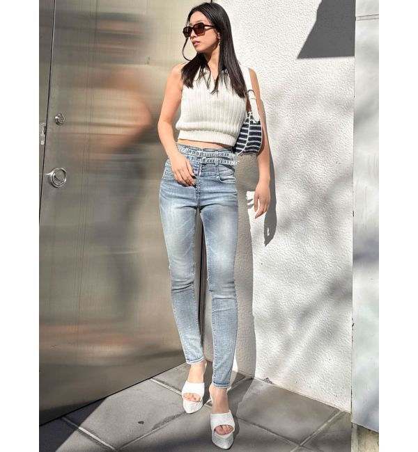 GYDA「ハイウエストフロントZIPベルトデザインスキニーデニムパンツ」|デニム|