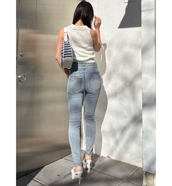 GYDA「ハイウエストフロントZIPベルトデザインスキニーデニムパンツ」|デニム|