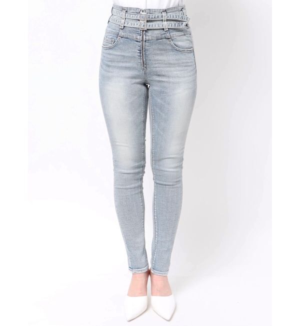 GYDA「ハイウエストフロントZIPベルトデザインスキニーデニムパンツ」|デニム|