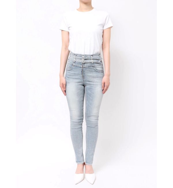 GYDA「ハイウエストフロントZIPベルトデザインスキニーデニムパンツ」|デニム|