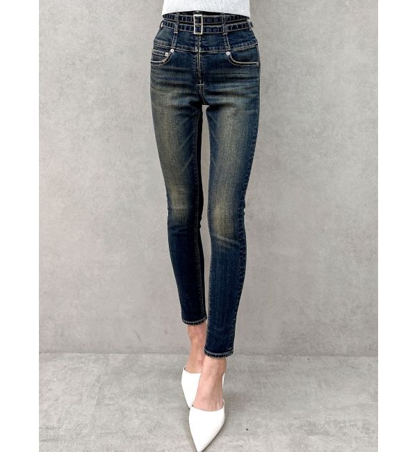 GYDA「ハイウエストフロントZIPベルトデザインスキニーデニムパンツ」|デニム|インディゴ