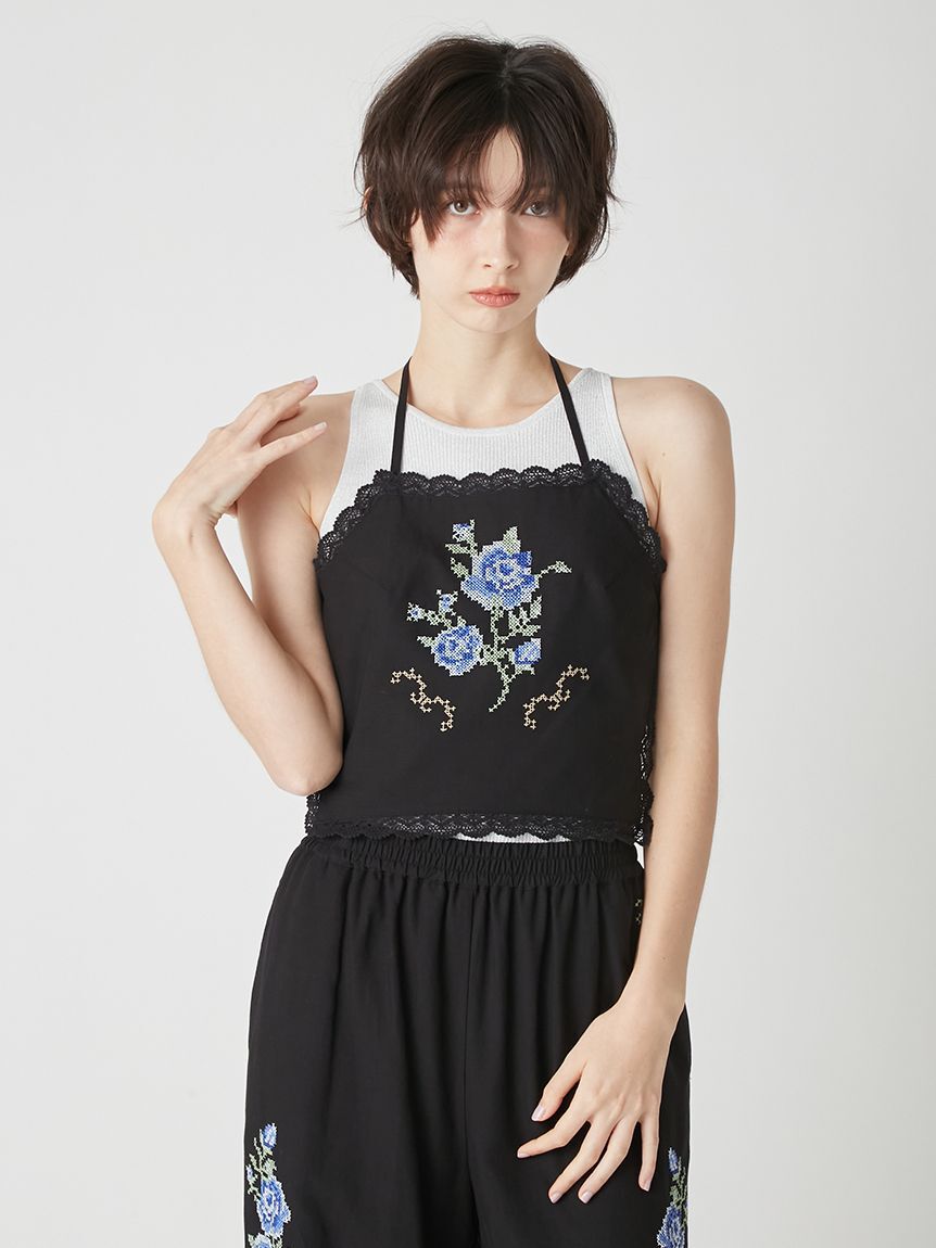 LILY BROWN「フラワークロスステッチホルターキャミビスチェ」|ベスト・ジレ|BLK