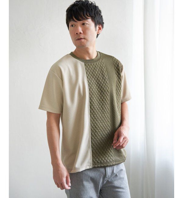 ikka「フクレジャカードワッフル切り替えTシャツ」|Tシャツ・カットソー|カーキ