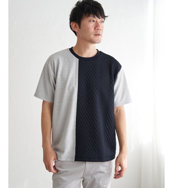 ikka「フクレジャカードワッフル切り替えTシャツ」|Tシャツ・カットソー|ネイビーブルー