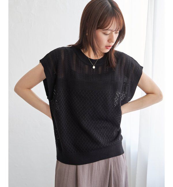 ikka「透かし編みニットプルオーバー」|プルオーバー|ブラック