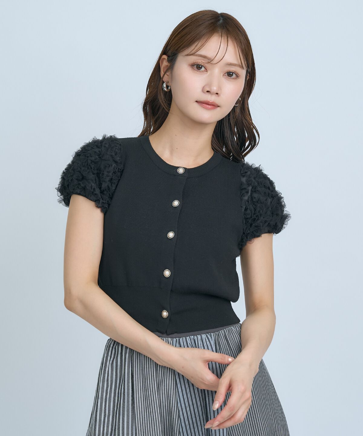 アンドクチュール「フラワーチュールスリーブカーディガン」|カーディガン|ブラック