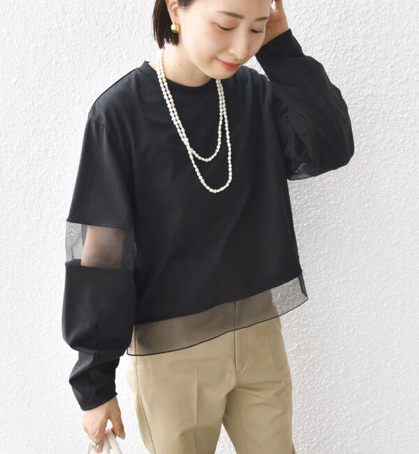 SHIPS for women「〈手洗い可能〉シアー コンビ プルオーバー ロング スリーブ」|Tシャツ・カットソー|