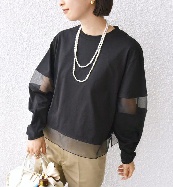 SHIPS for women「〈手洗い可能〉シアー コンビ プルオーバー ロング スリーブ」|Tシャツ・カットソー|