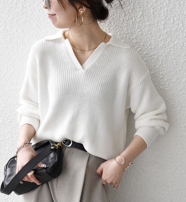 SHIPS any「SHIPS any:〈手洗い可能〉コットン ミックス スキッパー ポロ ニット プルオーバー」|ニット・セーター|ホワイト