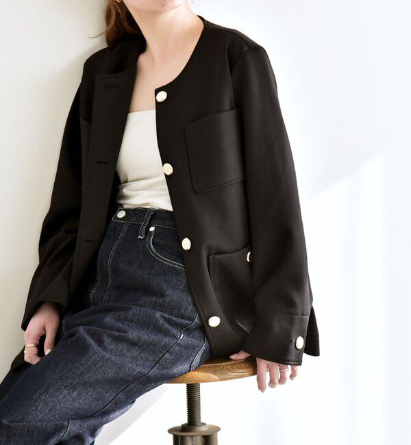 quaranciel「quaranciel:〈手洗い可能〉ジャージー ゴールドボタン クルーネック ジャケット」|ノーカラージャケット|