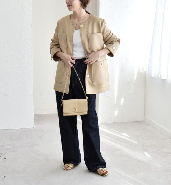 quaranciel「quaranciel:〈手洗い可能〉ジャージー ゴールドボタン クルーネック ジャケット」|ノーカラージャケット|