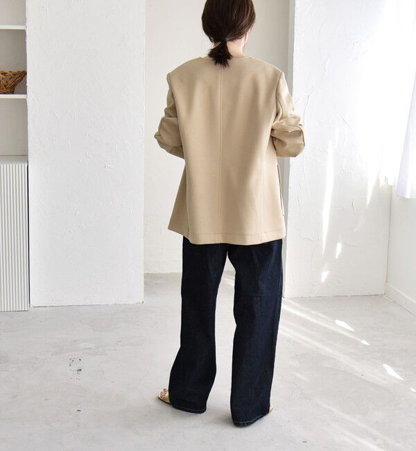 quaranciel「quaranciel:〈手洗い可能〉ジャージー ゴールドボタン クルーネック ジャケット」|ノーカラージャケット|