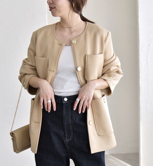 quaranciel「quaranciel:〈手洗い可能〉ジャージー ゴールドボタン クルーネック ジャケット」|ノーカラージャケット|