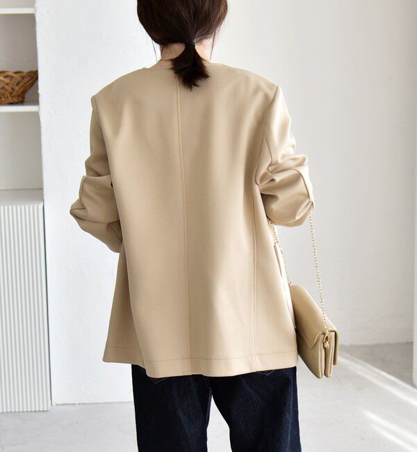 quaranciel「quaranciel:〈手洗い可能〉ジャージー ゴールドボタン クルーネック ジャケット」|ノーカラージャケット|