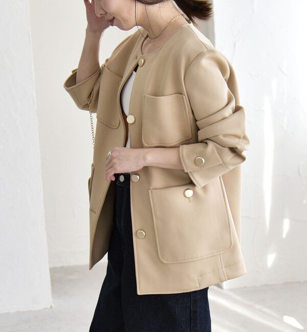 quaranciel「quaranciel:〈手洗い可能〉ジャージー ゴールドボタン クルーネック ジャケット」|ノーカラージャケット|