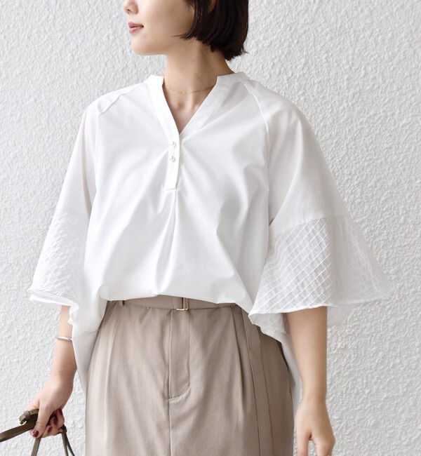 SHIPS for women「《予約》〈手洗い可能〉シアー ボーダー フレア スリーブ 半袖 ブラウス」|シャツ・ブラウス|ホワイト