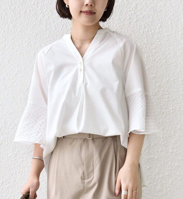 SHIPS for women「《予約》〈手洗い可能〉シアー ボーダー フレア スリーブ 半袖 ブラウス」|シャツ・ブラウス|