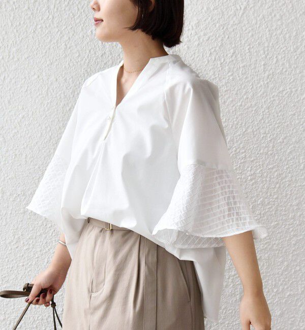 SHIPS for women「《予約》〈手洗い可能〉シアー ボーダー フレア スリーブ 半袖 ブラウス」|シャツ・ブラウス|